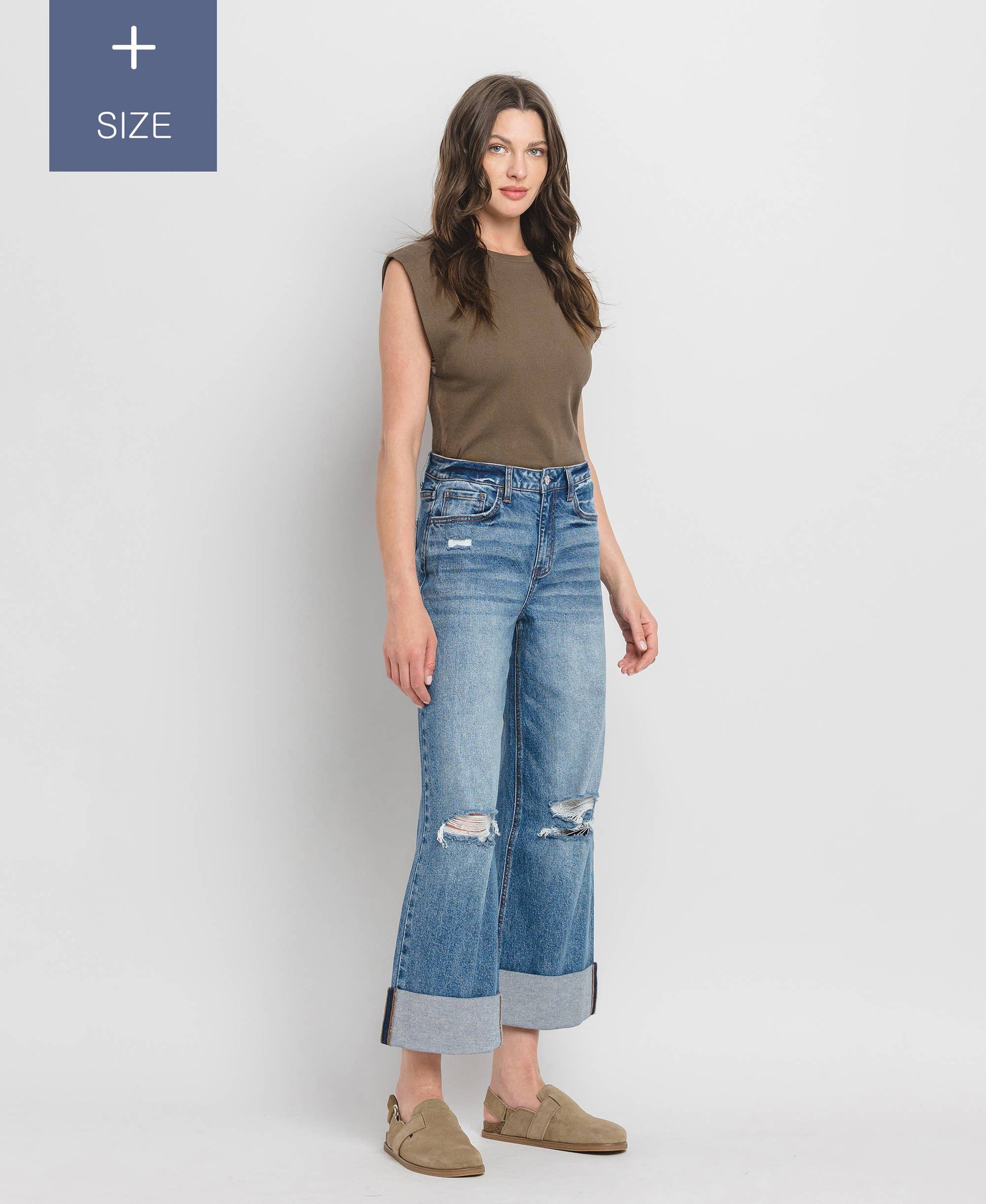 PLUS SIZE SUPER HIGH RISE CUFFED BAGGY WIDE JEANS LV1459-P Lovervet by VERVET