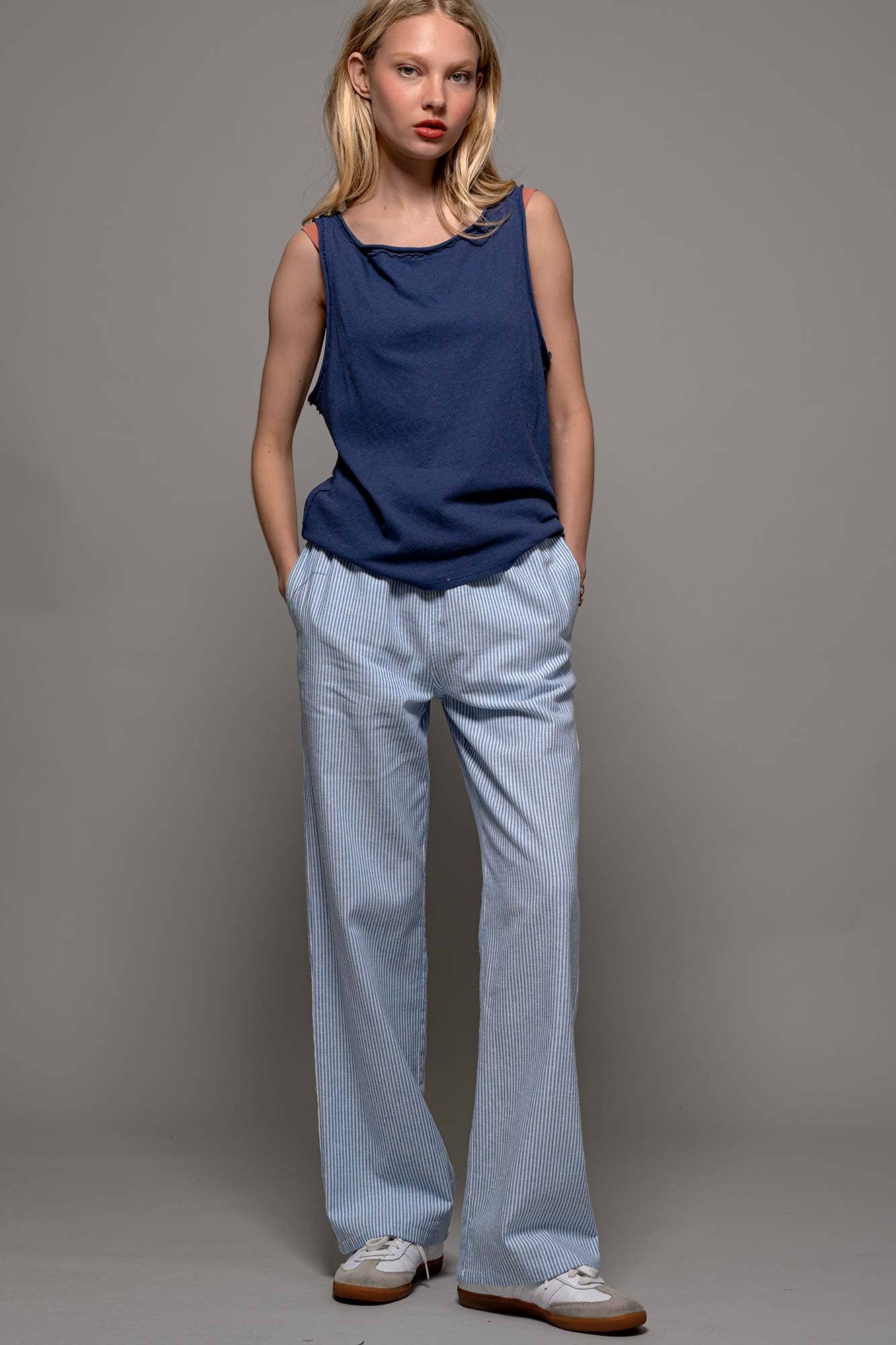 Blue Pinstripe Drawstring Wide Leg Lounge Pants 926 WEST