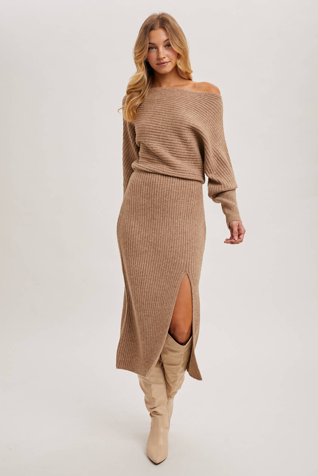 ONE SHOULDER OFF SIDE SLIT MIDI KNIT SWEATER DRESS Bluivy