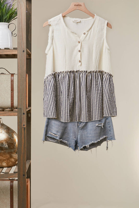 MELLO. - Striped Tiered Button Sleeveless Top