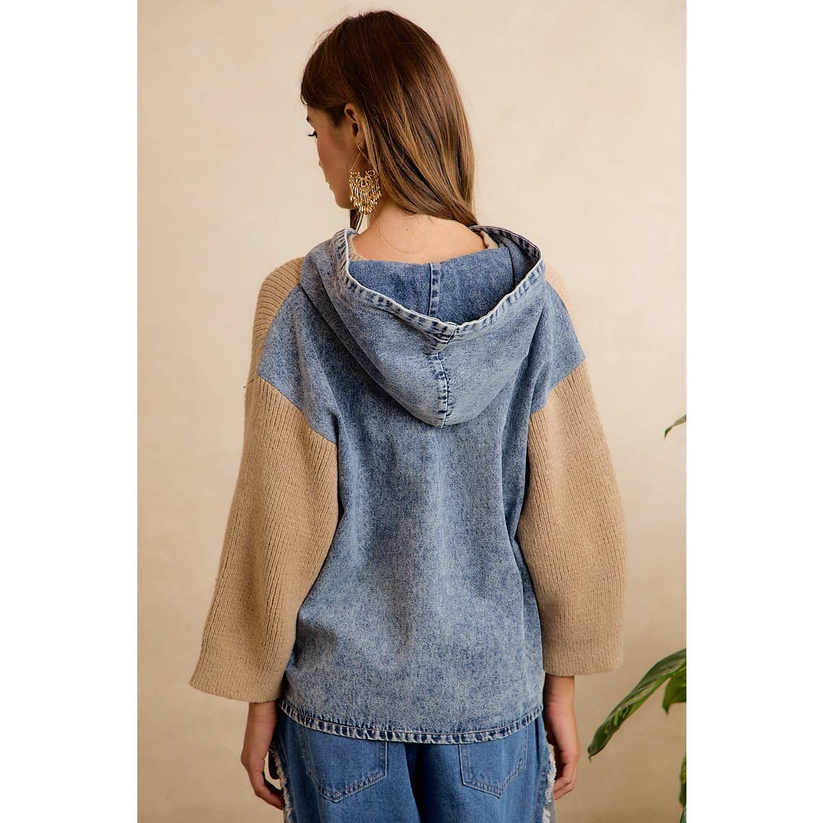Denim Contrast Hooded Knit Pullover Top
