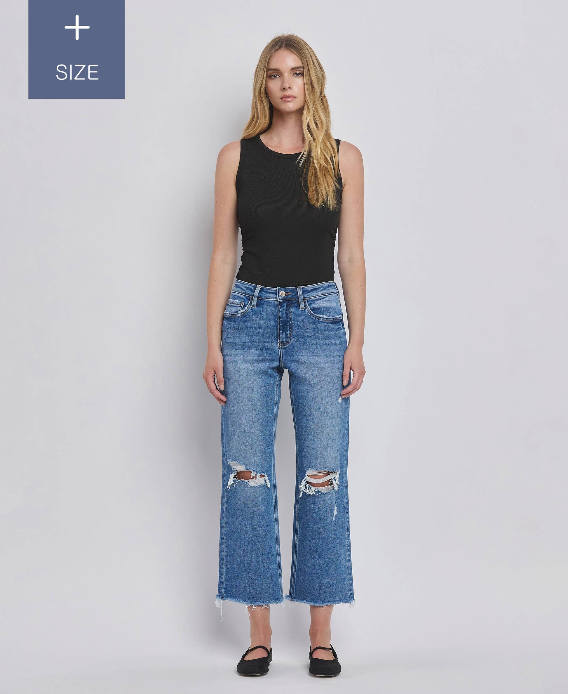 PLUS SIZE HIGH RISE DISTRESSED CROP STRAIGHT JEANS LV1385-P Lovervet by VERVET