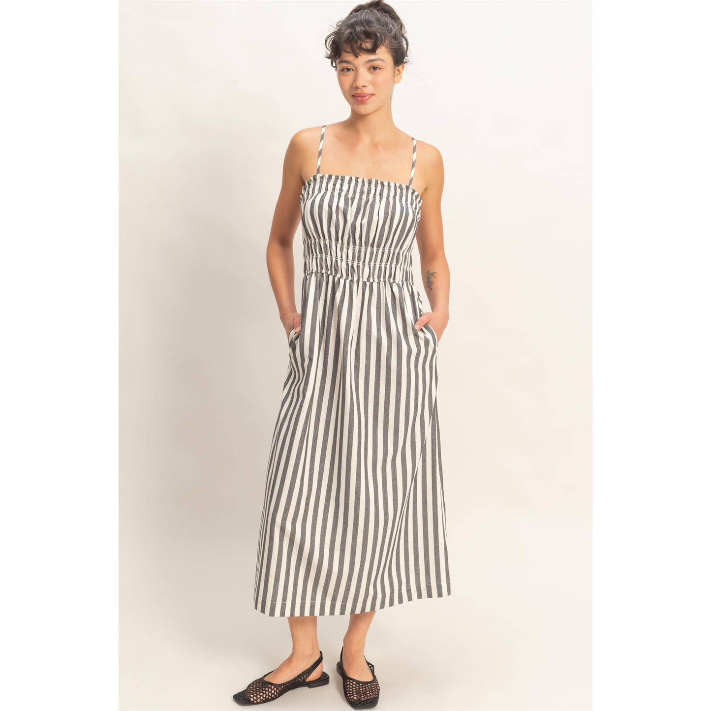 HYFVE - Striped Spaghetti Strap Smocking Midi Dress