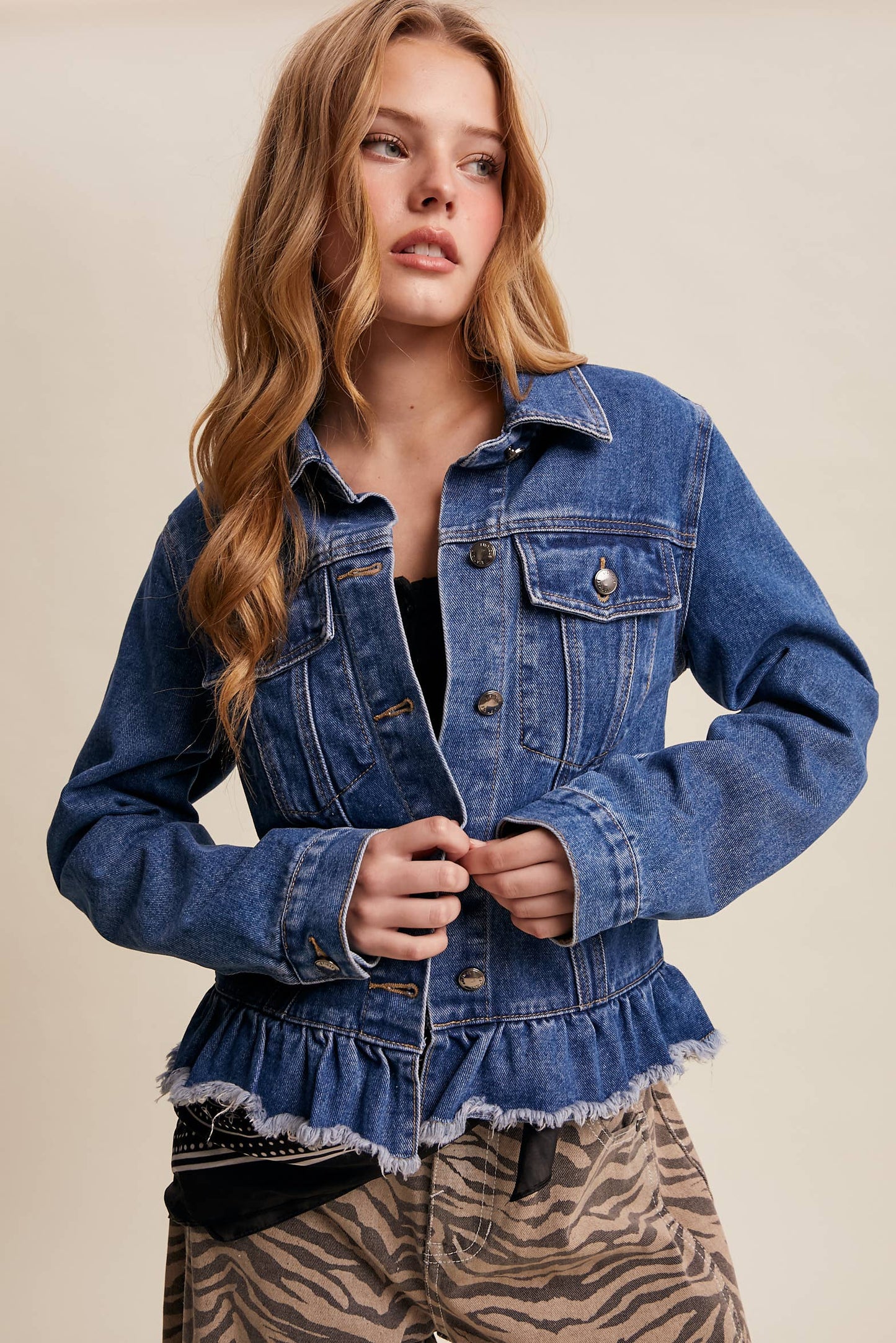 Listicle - Ruffled Hem Denim Jacket