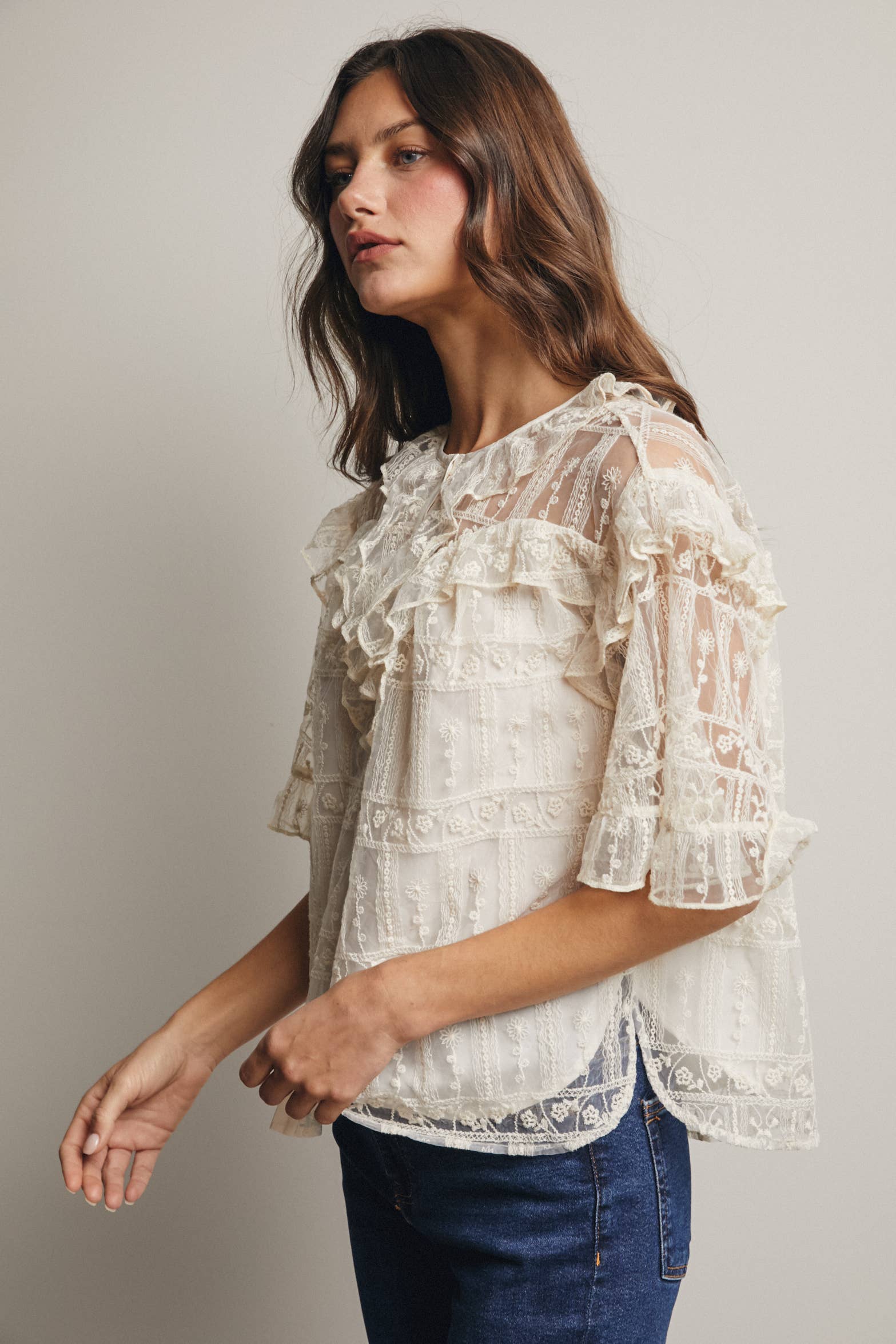 Embroidered Ruffle Lace Blouse - 926 West