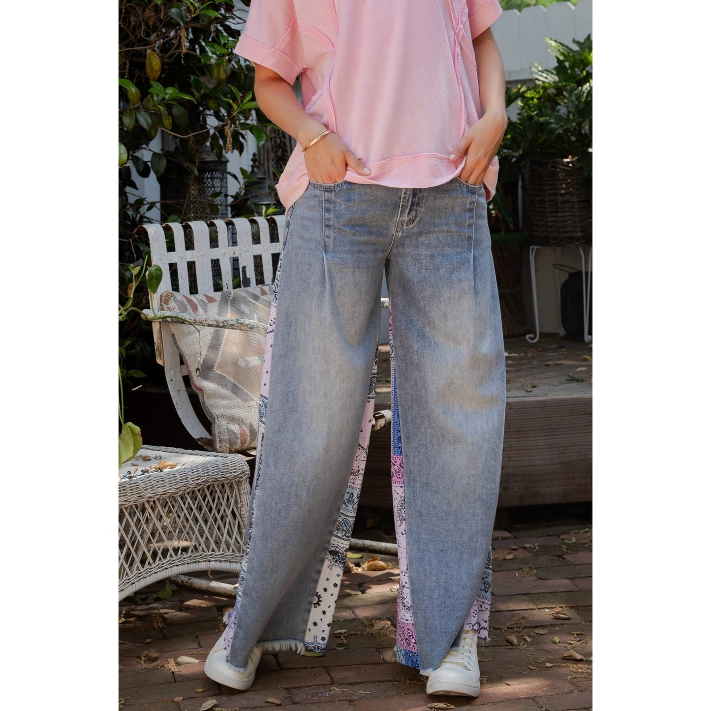 DENIM PALAZZO PANTS WITH PAISLEY PRINT SIDE (SP7672)