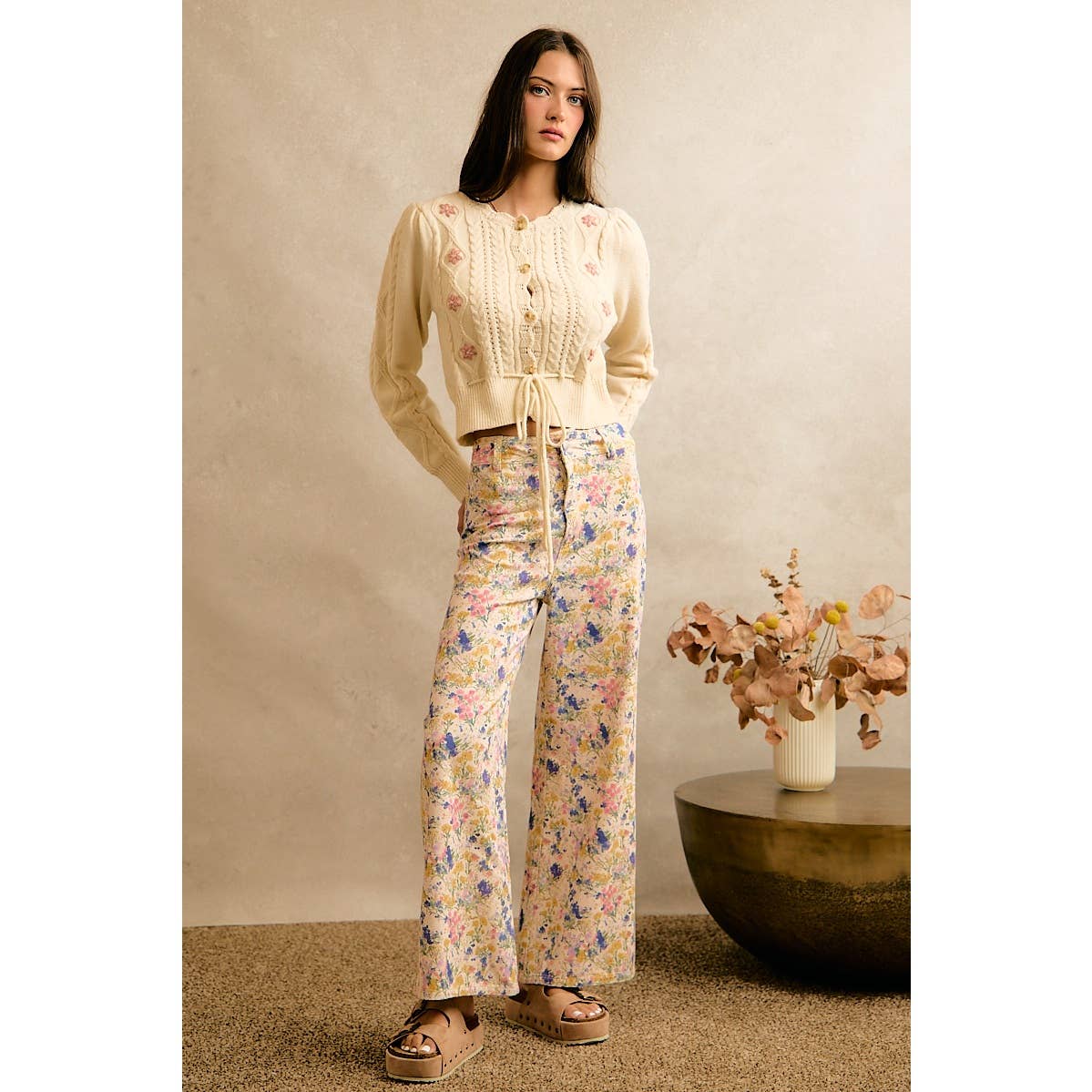 Floral Print Twill Wide Leg Pants