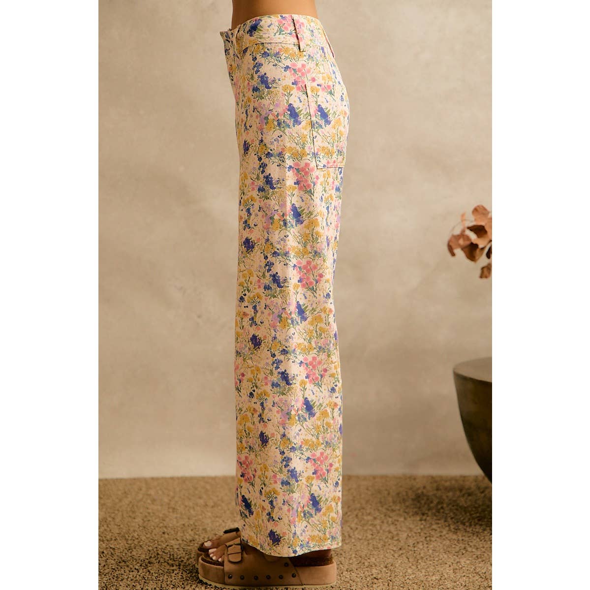 Floral Print Twill Wide Leg Pants