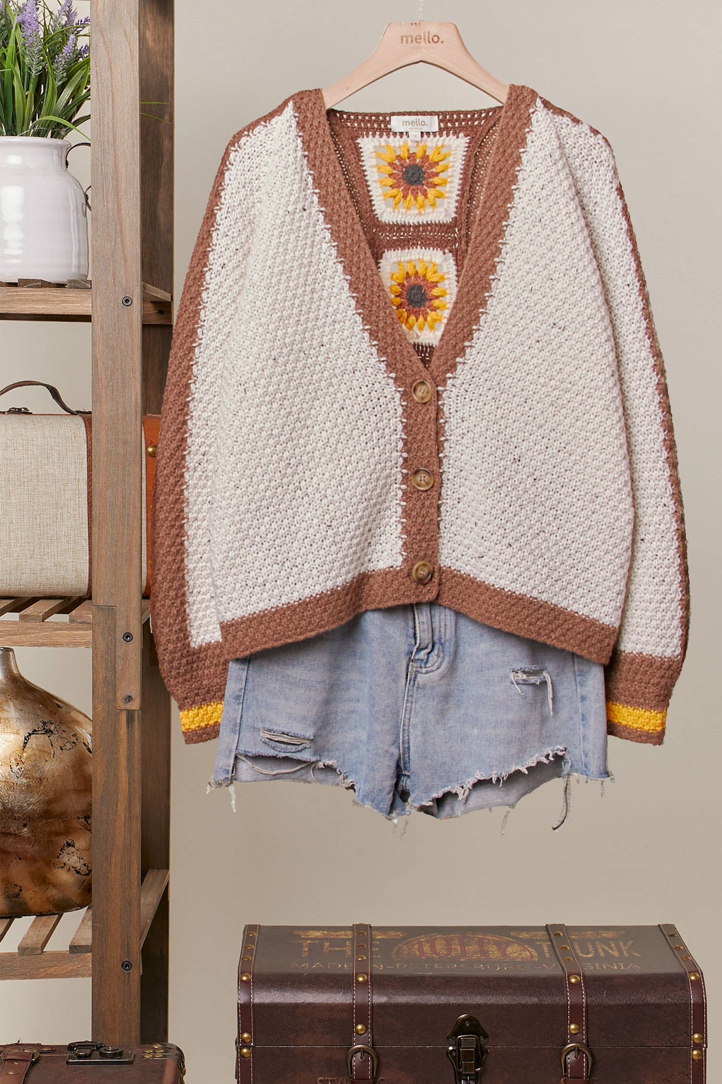 Color Block Sunflower Crochet V Neck Cardigan Mello.