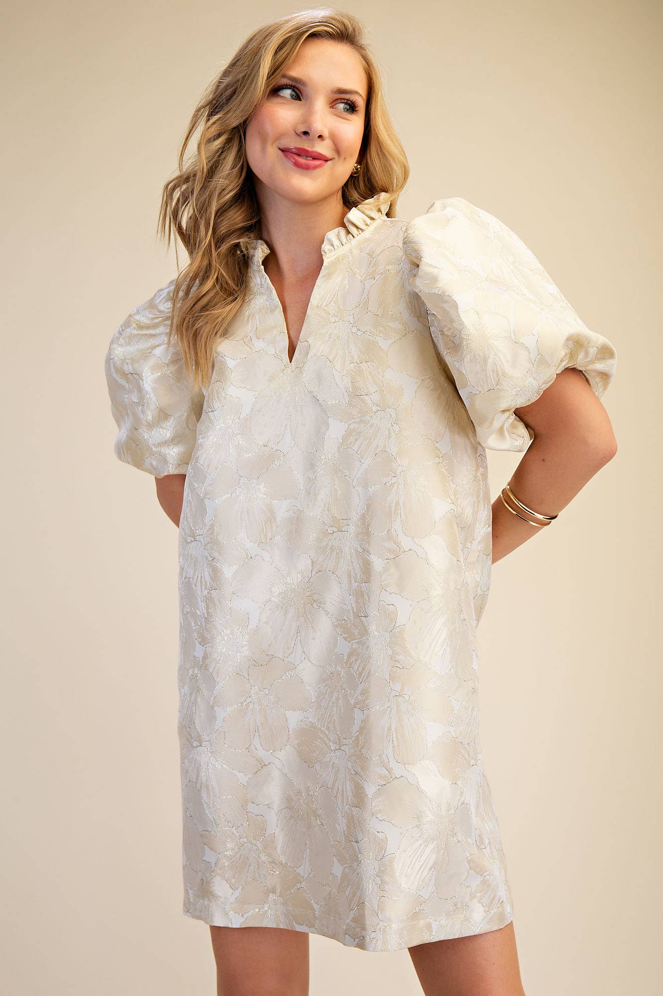 Glam Champagne Ruffle V-Neck Puff Sleeve Mini Dress - 926 West