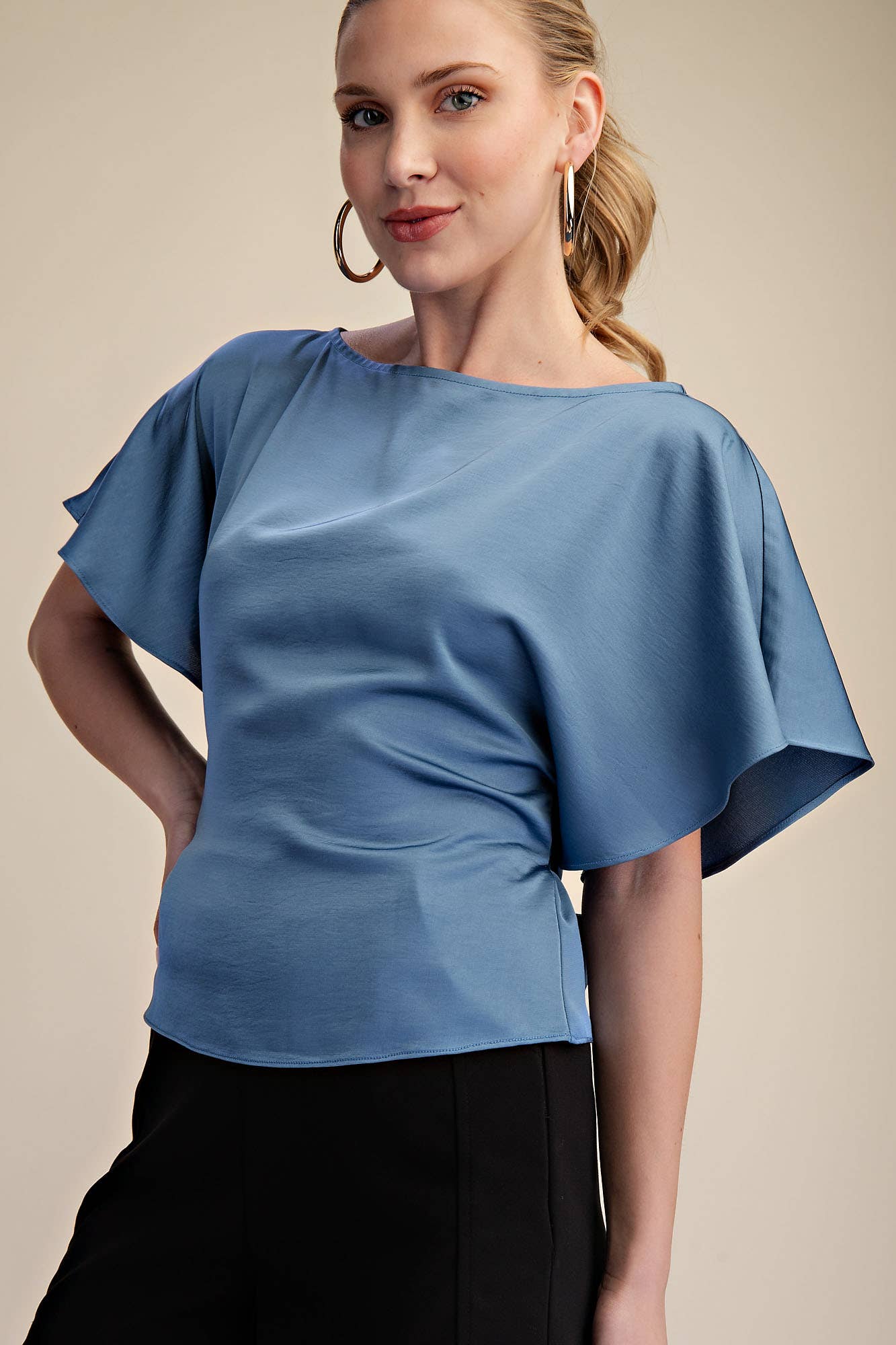 GLAM - Two Way Boat Neckline Bell Sleeve Waist Tie Top