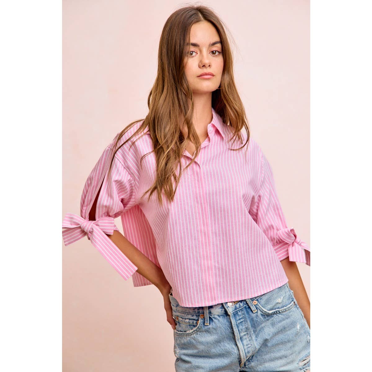 Stripe Woven Button-Up Top with Tied Sleeves