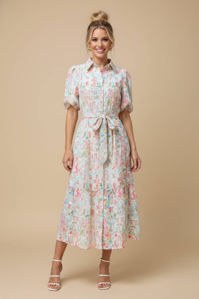 J.NNA - Color Village Print Multi Color Printed Midi Dress