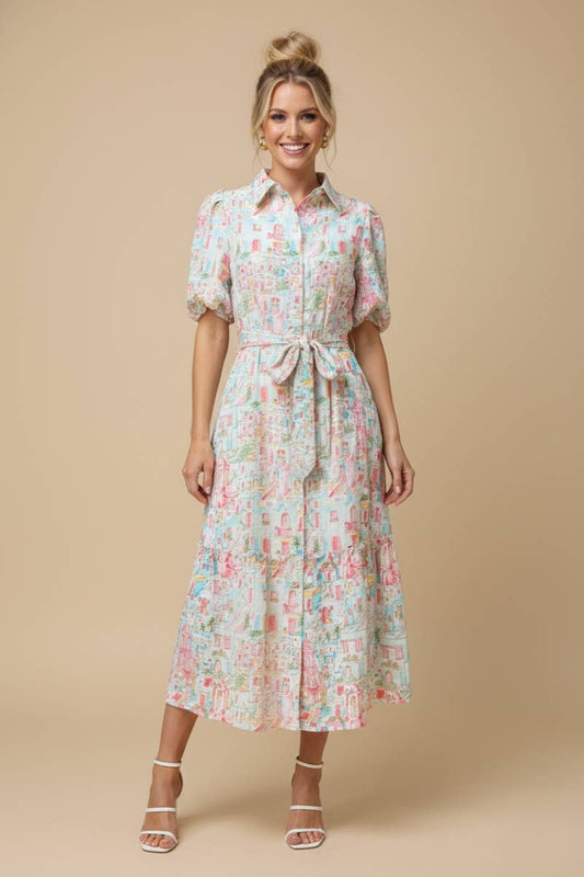 J.NNA  Color Village Print Multi Color Printed Midi Dress