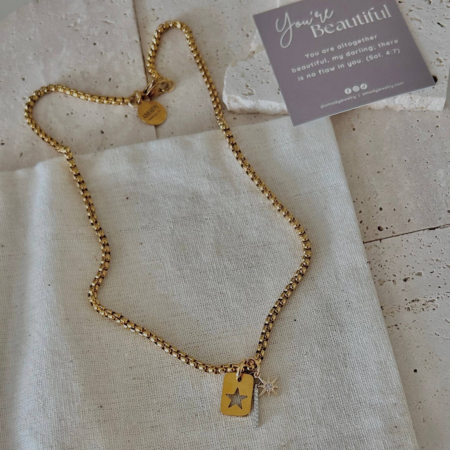 Star Tag & Crystal Bar Layering Necklace | 18K Gold Plated