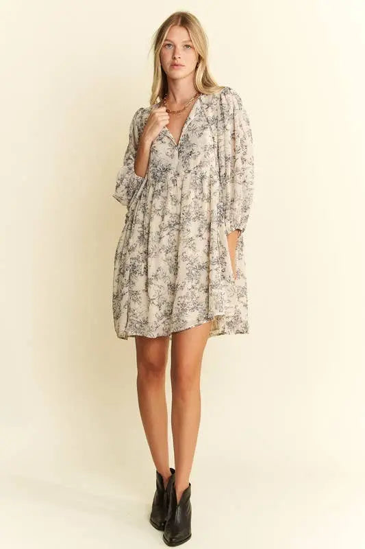 LINED 3/4 SLEEVE FLORAL CHIFFON BABYDOLL SHORT DRESS 926 West
