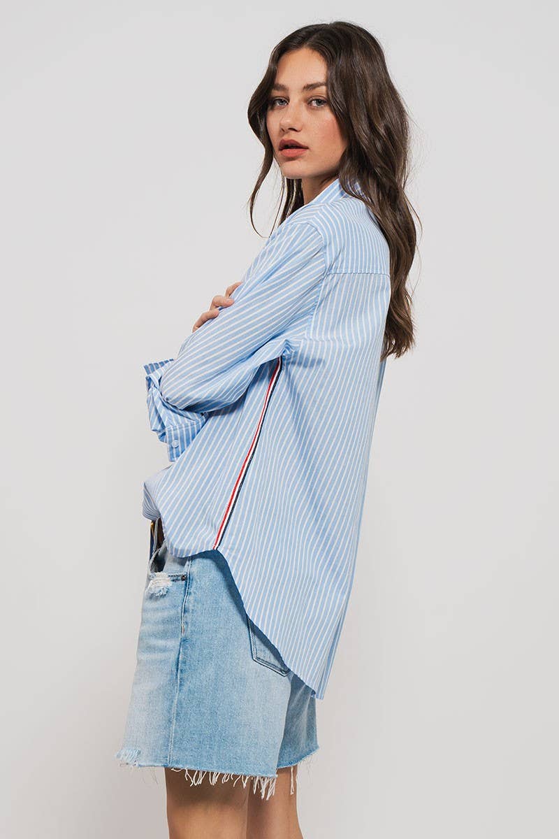 Striped Twill Tape Detail Statement Button Shirt Urban Daizy