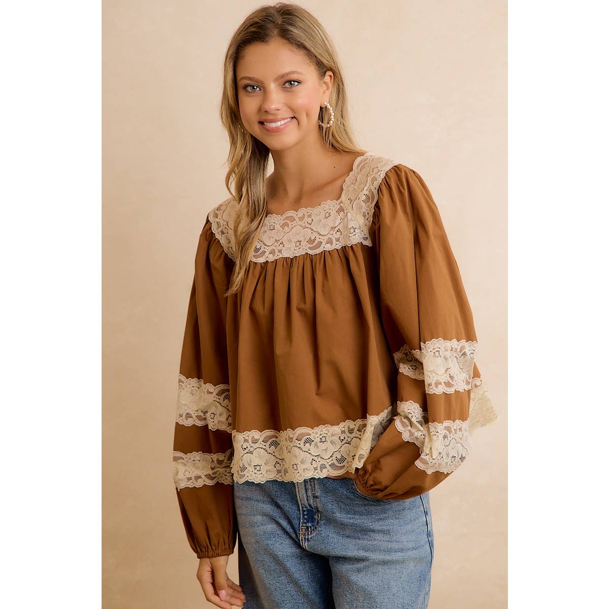 BiBi Camel Lace-Trim Balloon Sleeve Blouse