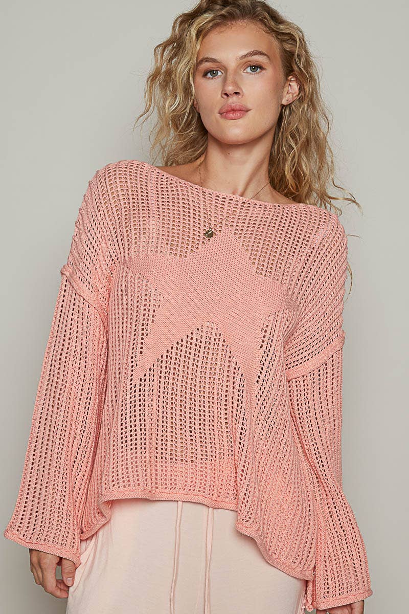 FINAL SALE- Round neck long sleeve star weave solid lightweight sweater Pol Clothing