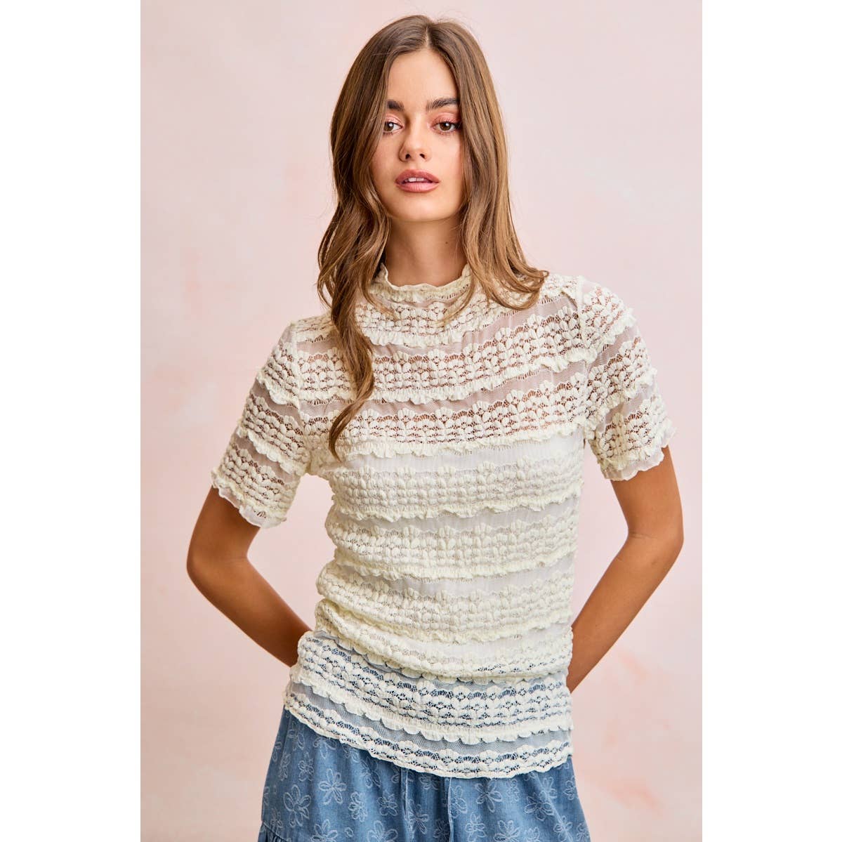 Short Sleeve Ruffle Floral Lace Top
