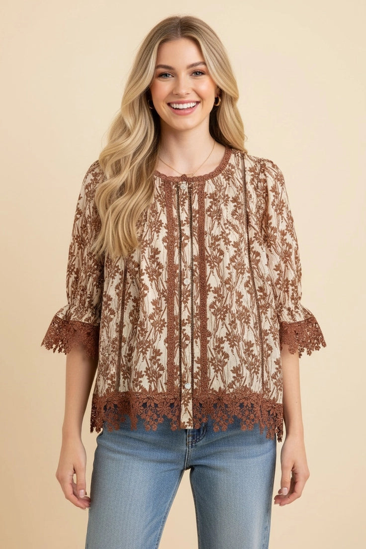 Heimish Botanical Print Lace Trim Blouse