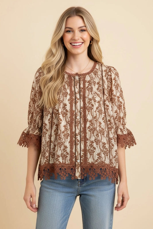 Heimish Botanical Print Lace Trim Blouse