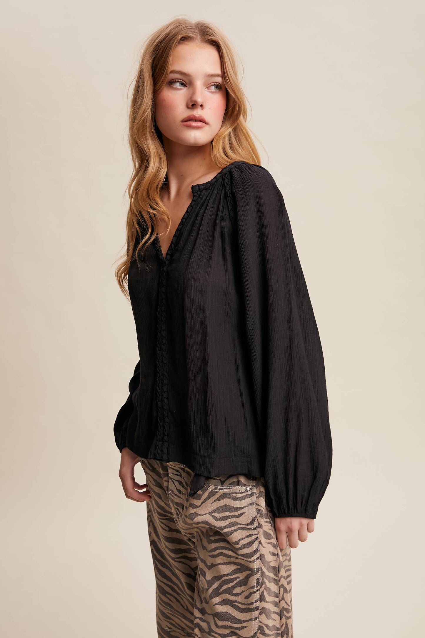 Braided Trim Peasant Blouse – Boho Flowy Top