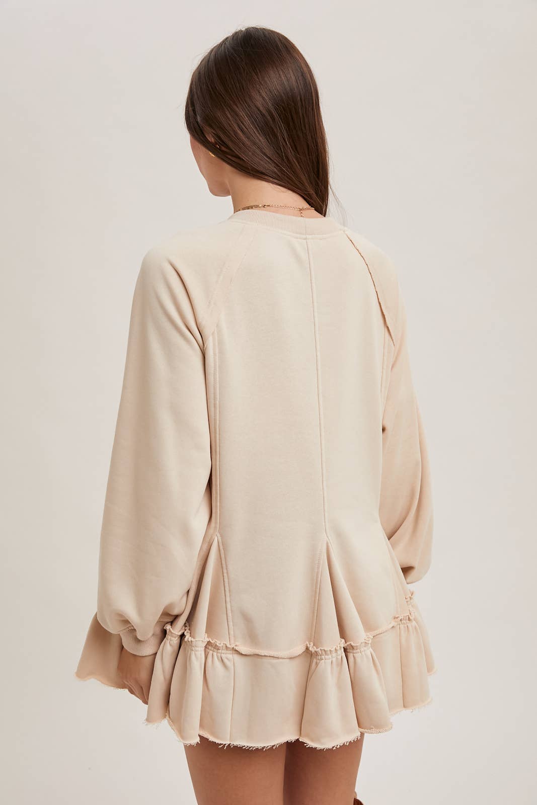 FRENCH TERRY RUFFLED TIERED HEM TUNIC SWEATSHIRT Bluivy