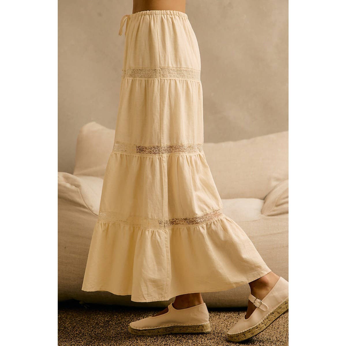 Ivory Lace-Trim Tiered Maxi Skirt