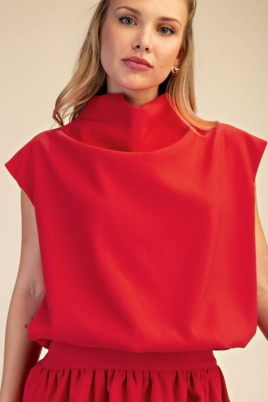 Red Mock Neck Balloon Top