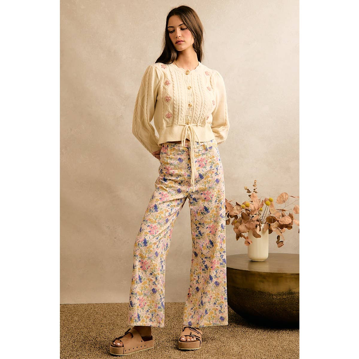 Floral Print Twill Wide Leg Pants