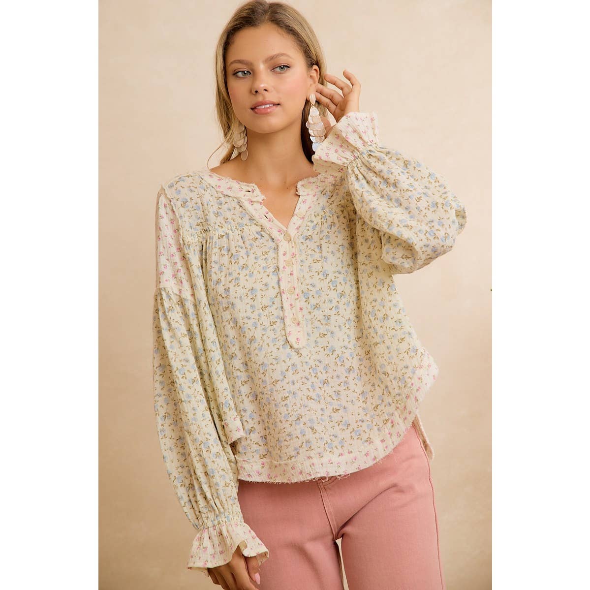 BiBi Floral Crinkle Gauze Button-Front Blouse