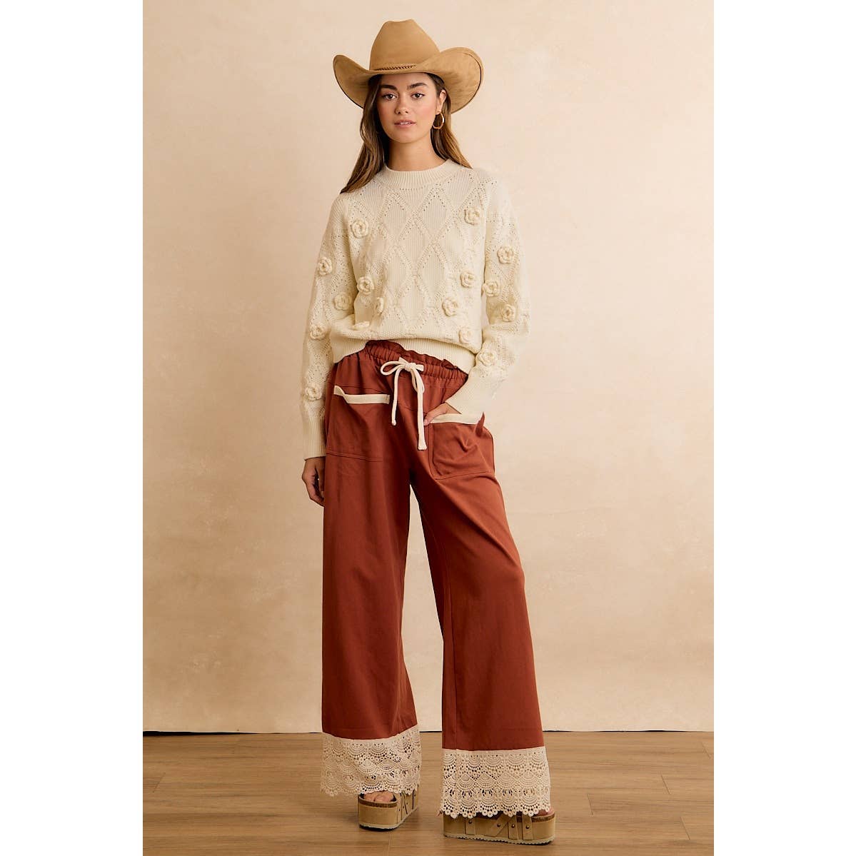 BiBi Solid Cotton Pants with Lace-Trimmed Hem