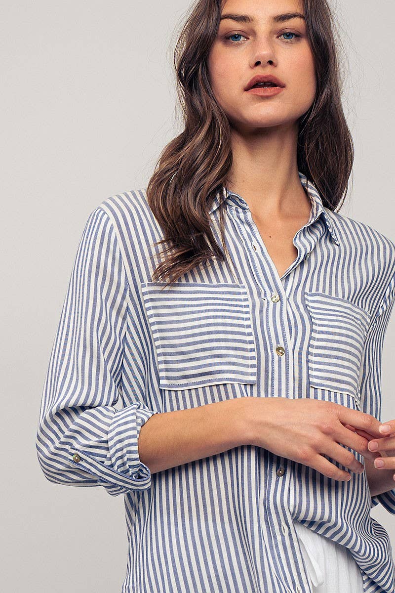 Relaxed Fit Vertical Striped Rayon Button Down Shirt Urban Daizy