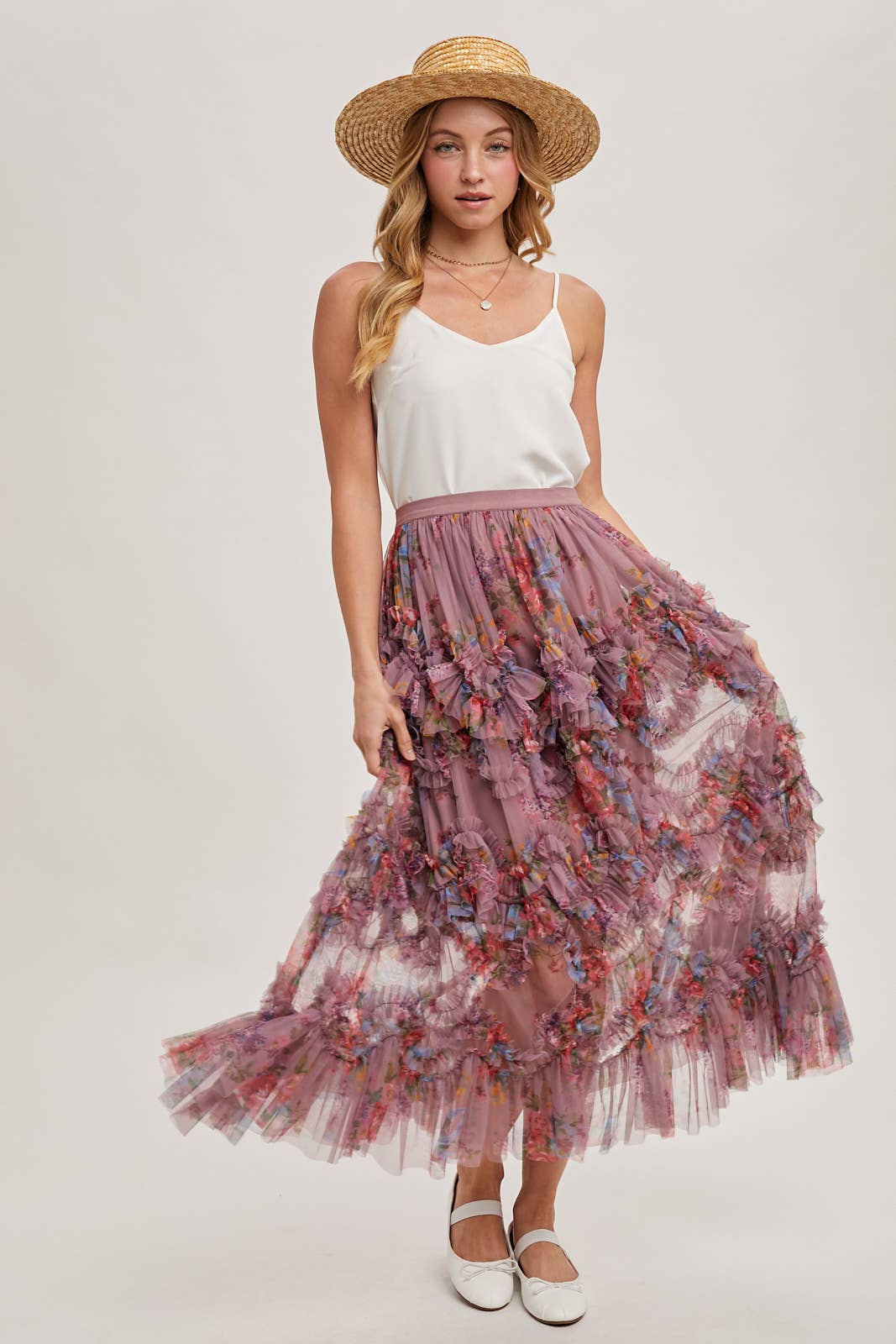 FLORAL RUFFLED MESH MIDI SKIRT Bluivy