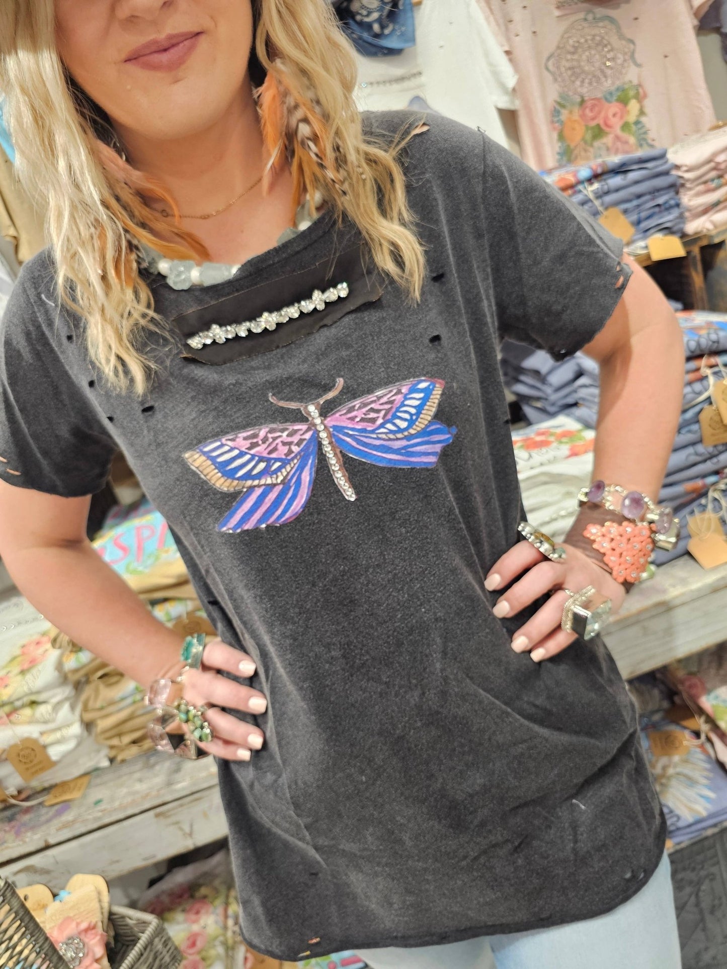 Dragonflies and Butterflies Black Tattered Tee - 926 West
