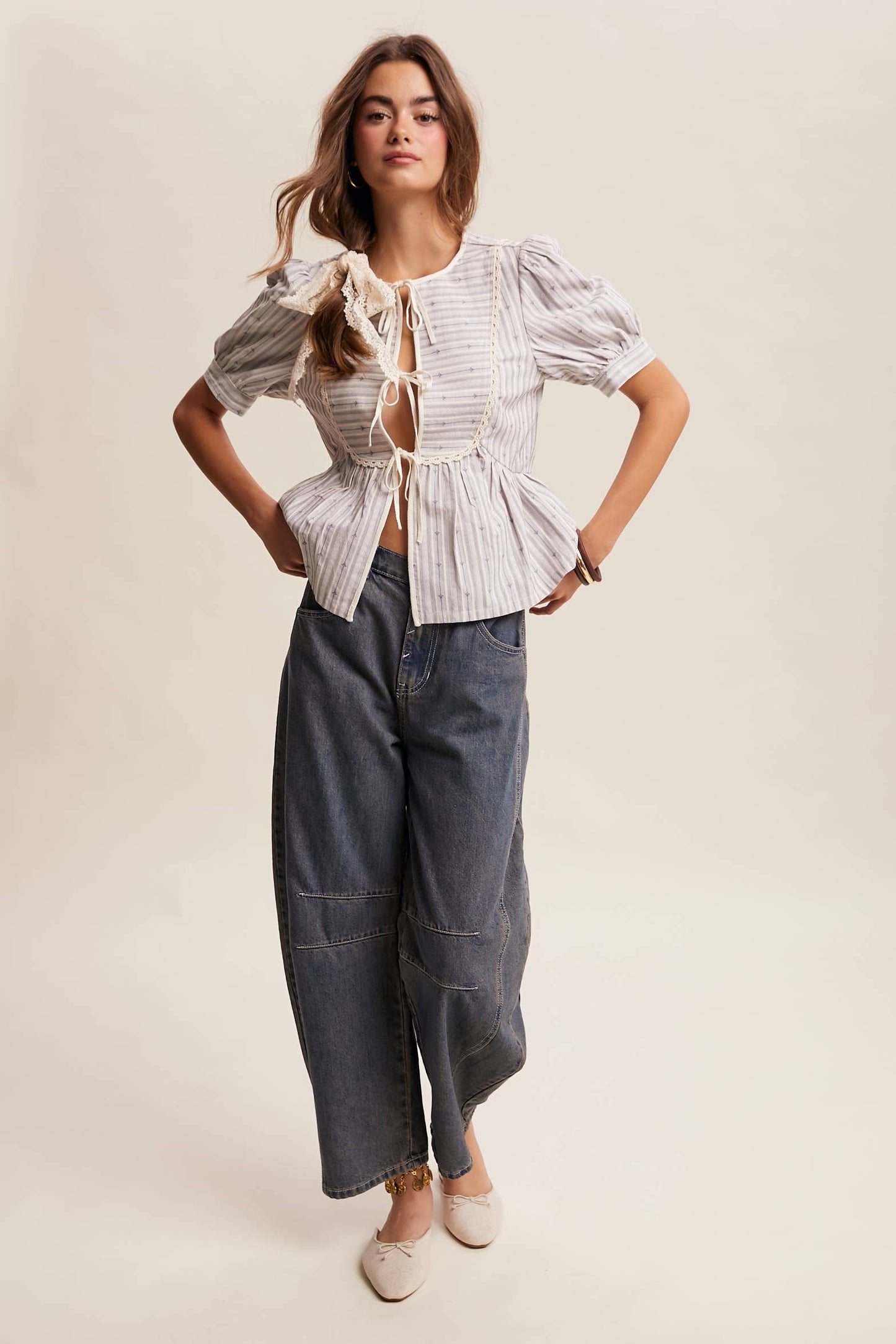 Jacquard Tie-Front Peplum Blouse – Slate Blue