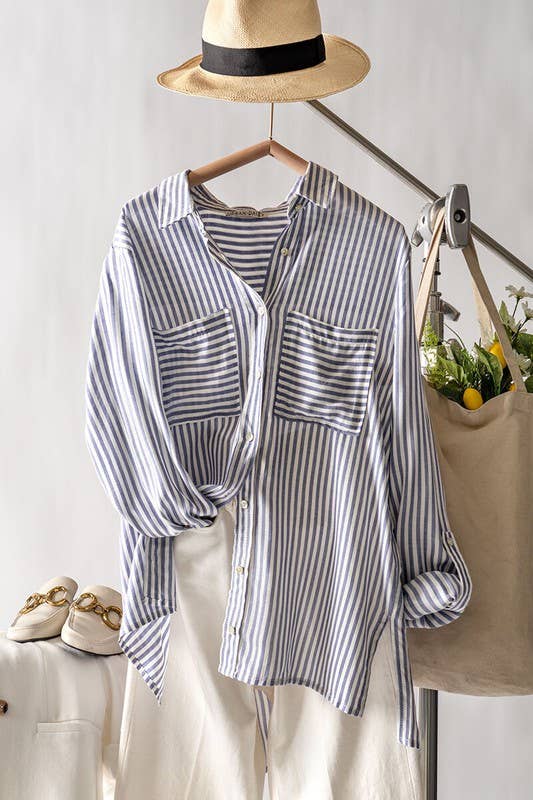 Relaxed Fit Vertical Striped Rayon Button Down Shirt Urban Daizy