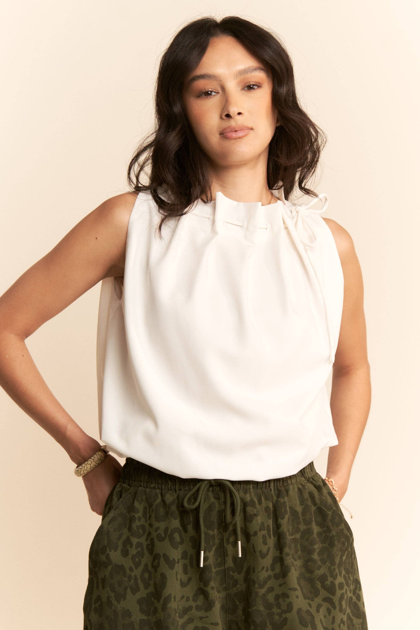 SOLID SLEEVELESS COWL NECK TIE DETAIL TOP