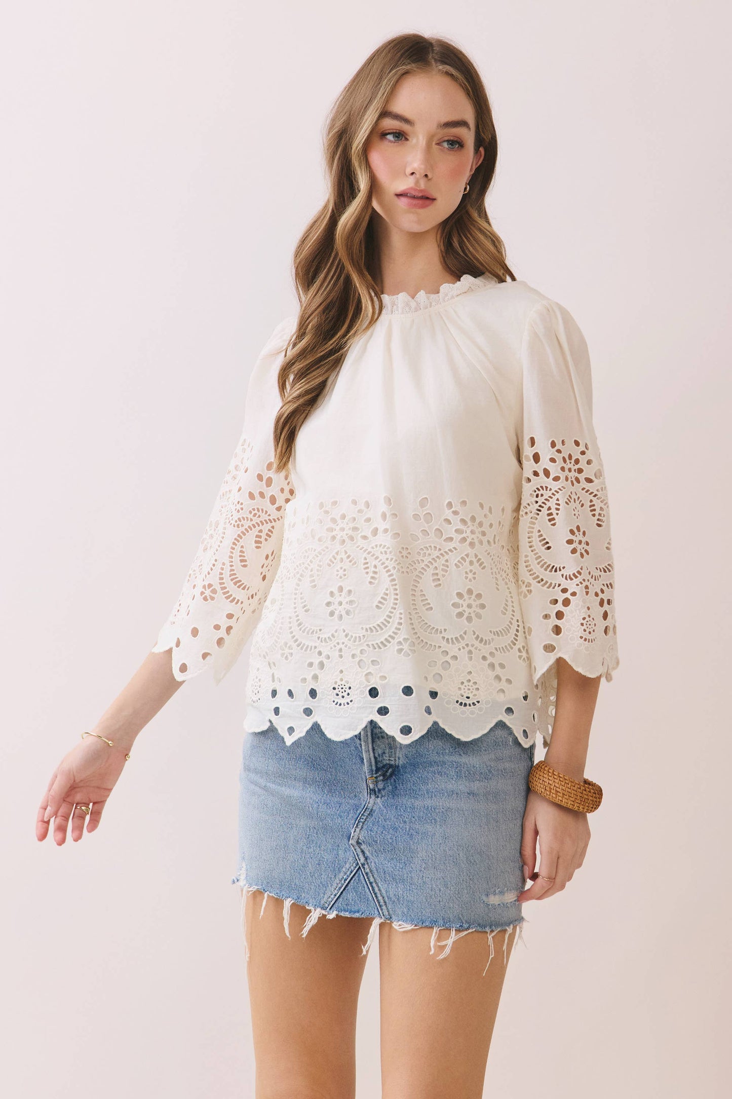 Floral Eyelet Embroidery Top - 3/4 Sleeve Ruffled Neck Blouse