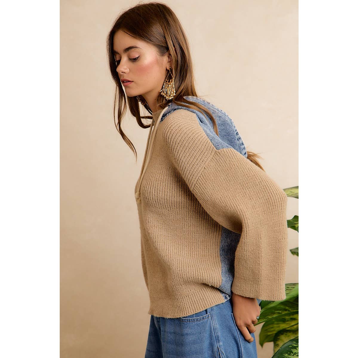 Denim Contrast Hooded Knit Pullover Top