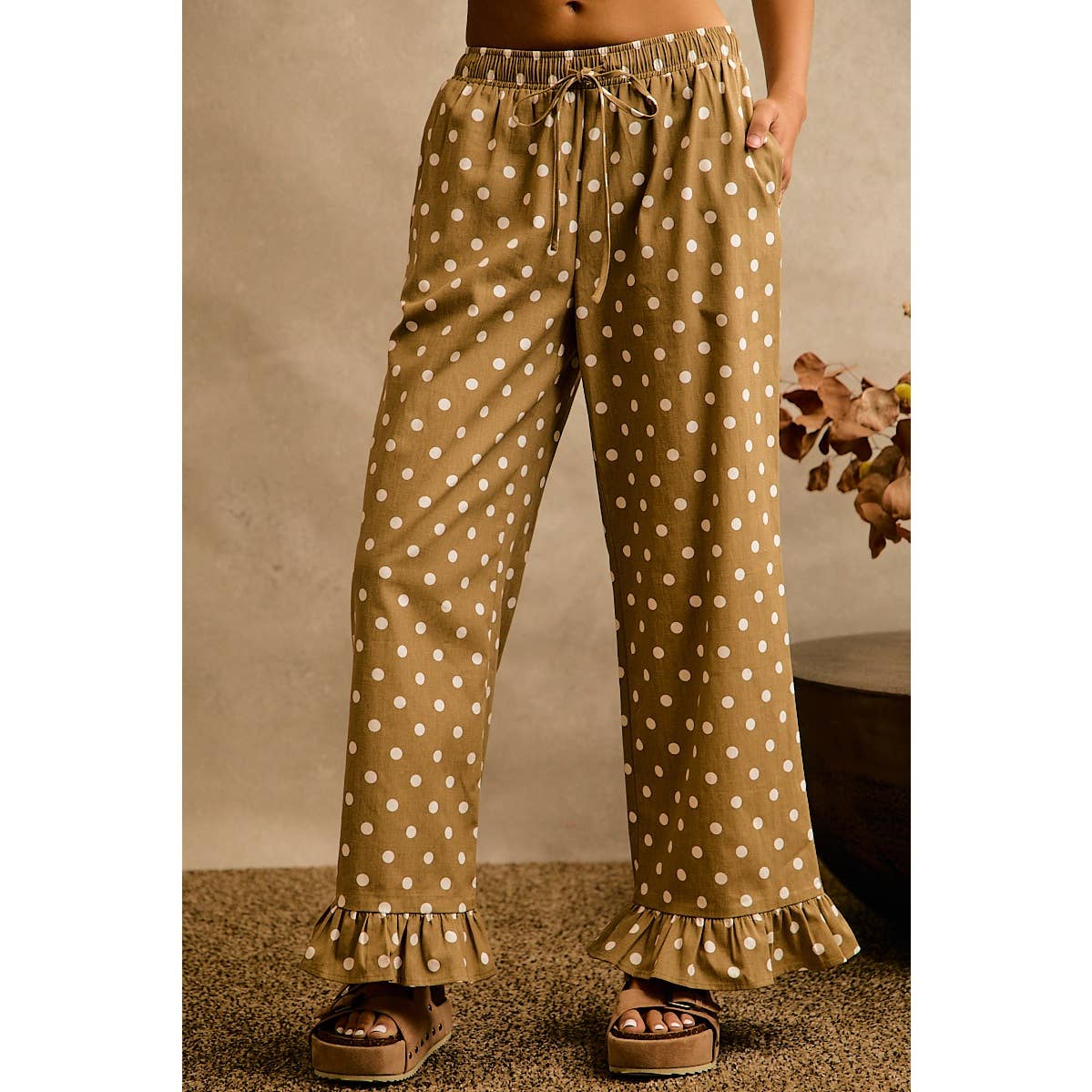Polka Dot Print Elastic Waist Ruffle Pants