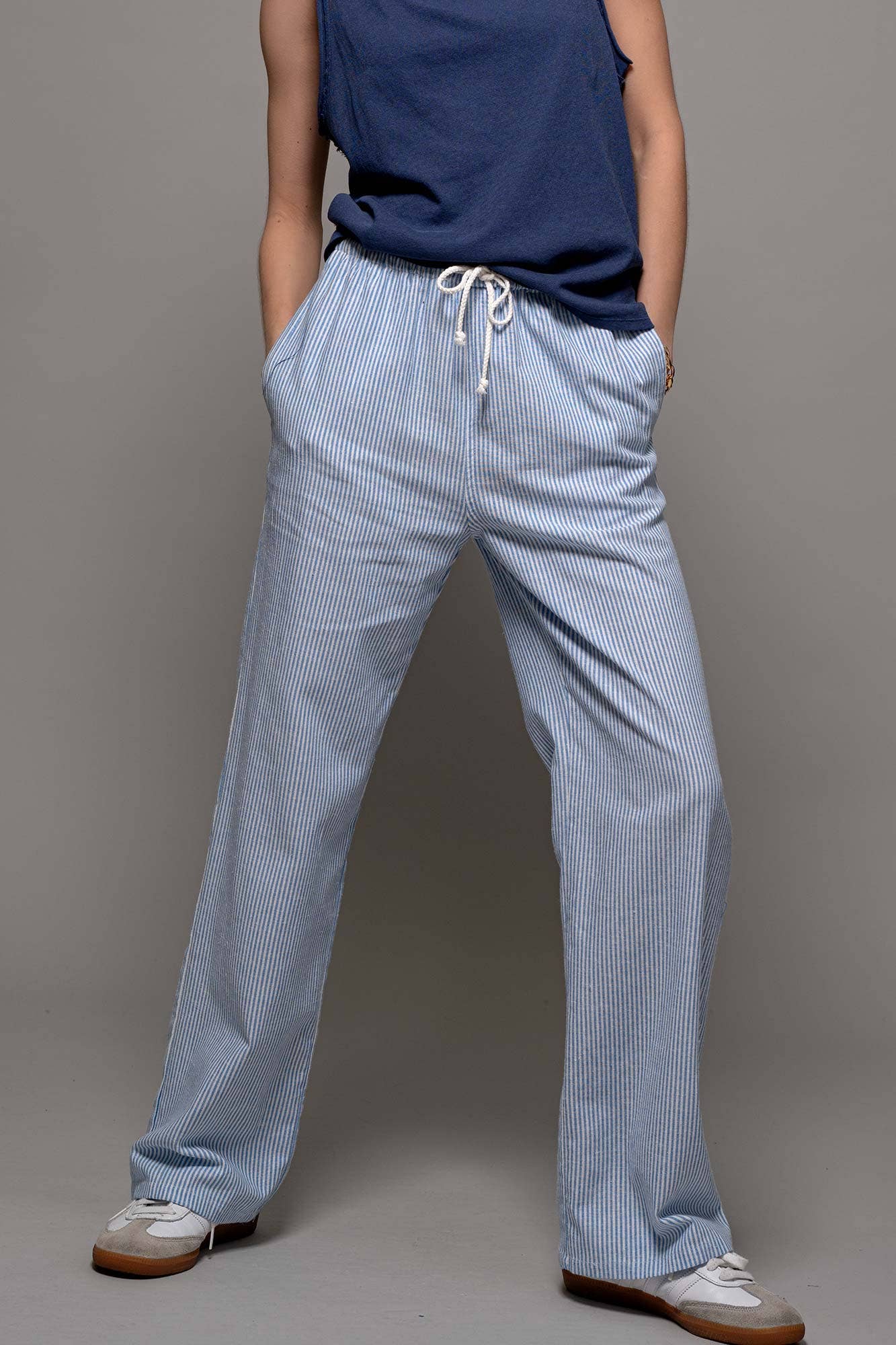 Blue Pinstripe Drawstring Wide Leg Lounge Pants 926 WEST