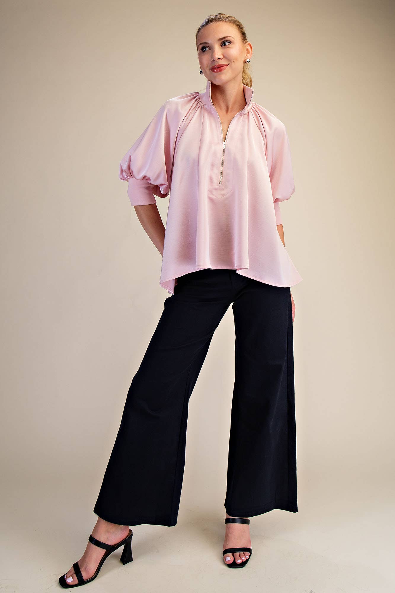GLAM - Mock Neck Band Puff Sleeve Elegance Blouse