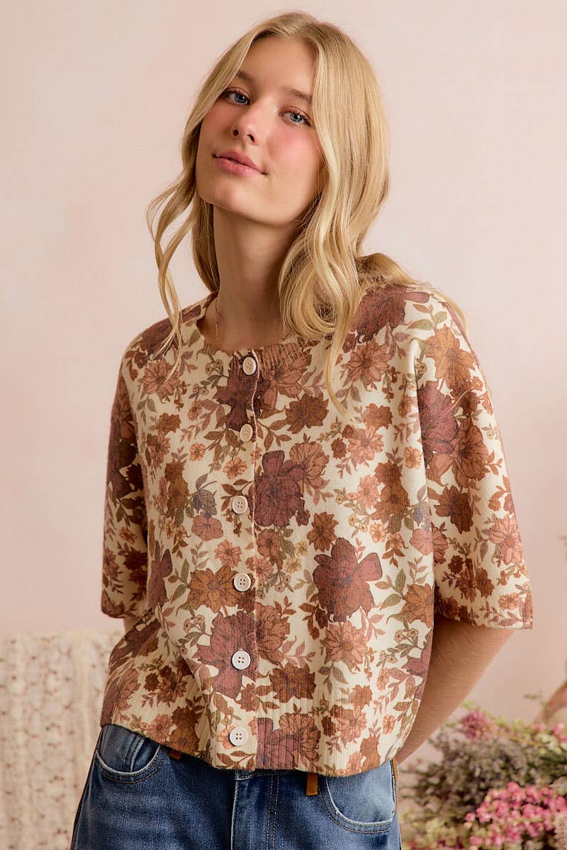 Ivory & Brown Floral Button-Front Sweater Vest
