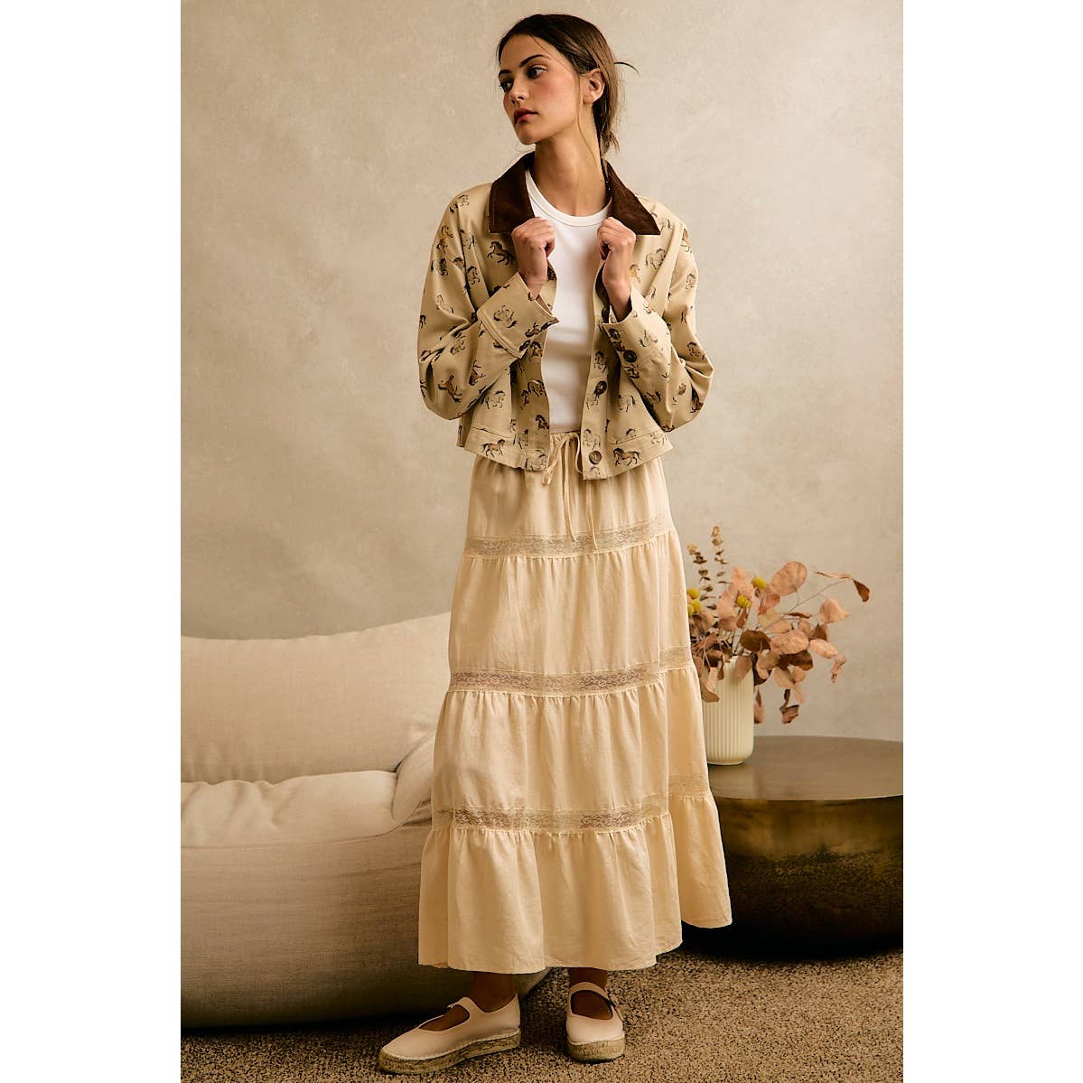 Ivory Lace-Trim Tiered Maxi Skirt