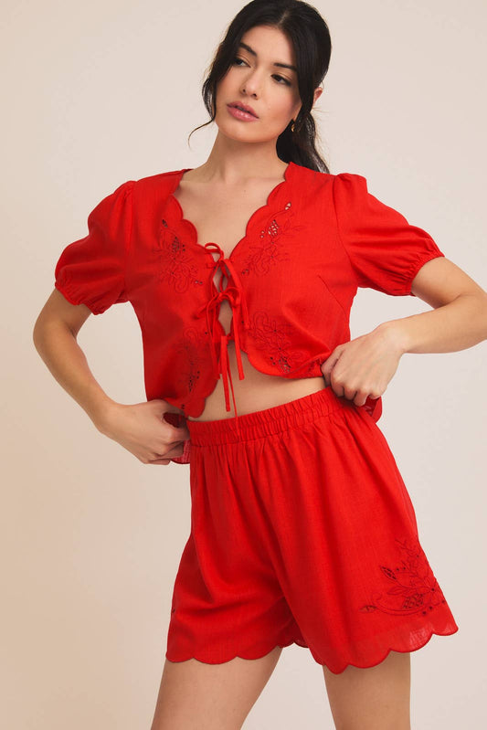 Women's EYELET FRONT TIES TOP AND SCALLOP SHORTS 926 WEST