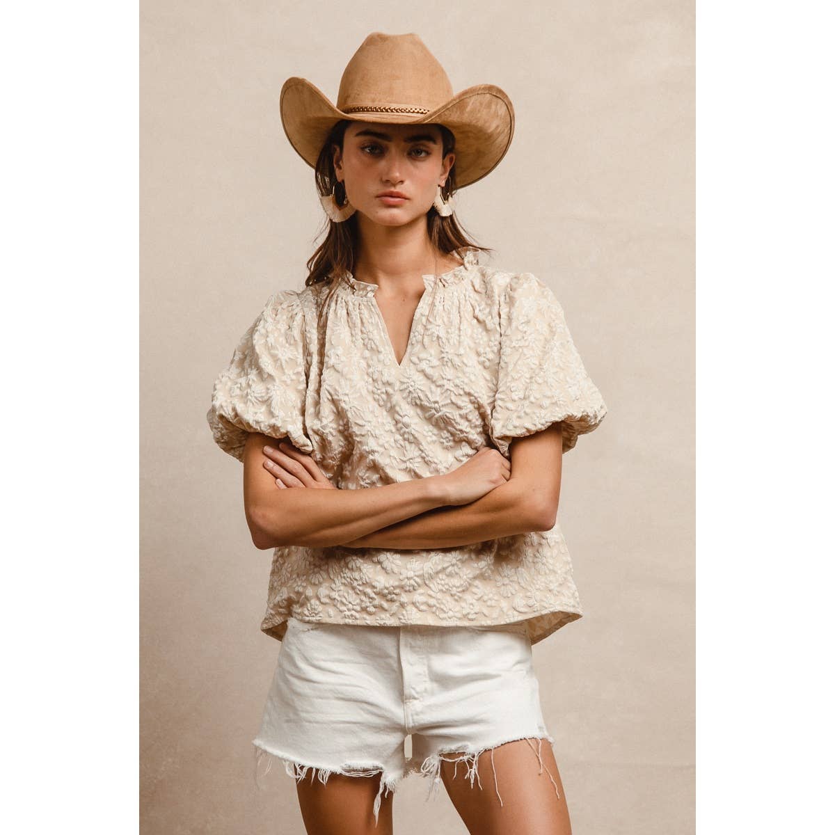 Floral Texture Balloon Sleeve V-Neck Top