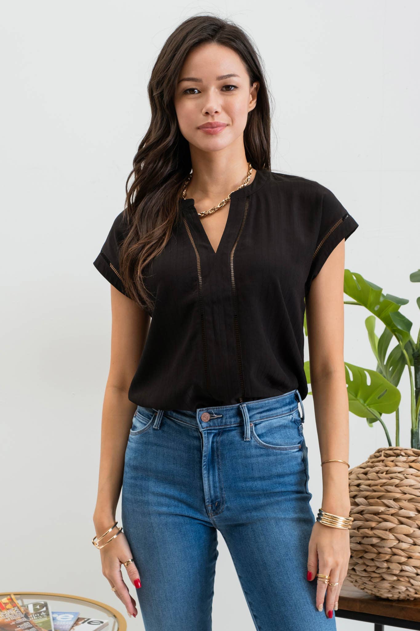 FINAL SALE- LACE TRIM SPLIT NECK TOP 926 WEST