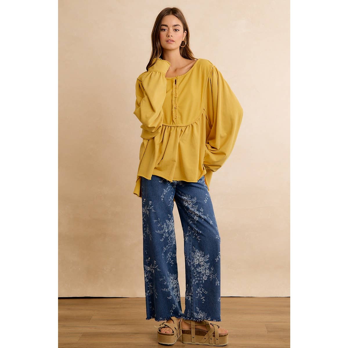 BiBi Vintage Floral Vine Wide-Leg Jeans